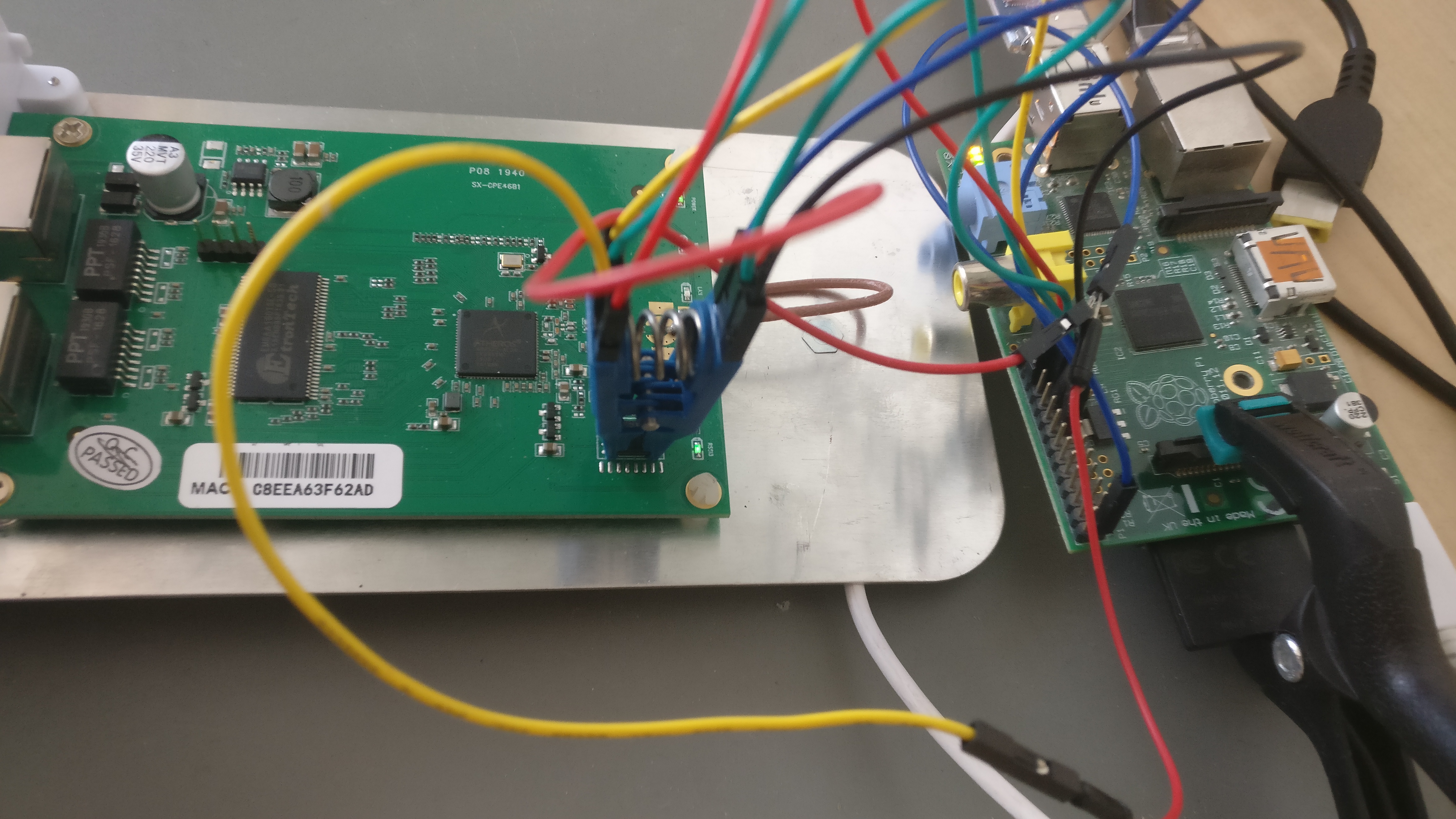 Photo of a Raspberry PI connected via a SOIC8n clip to the device flash chip